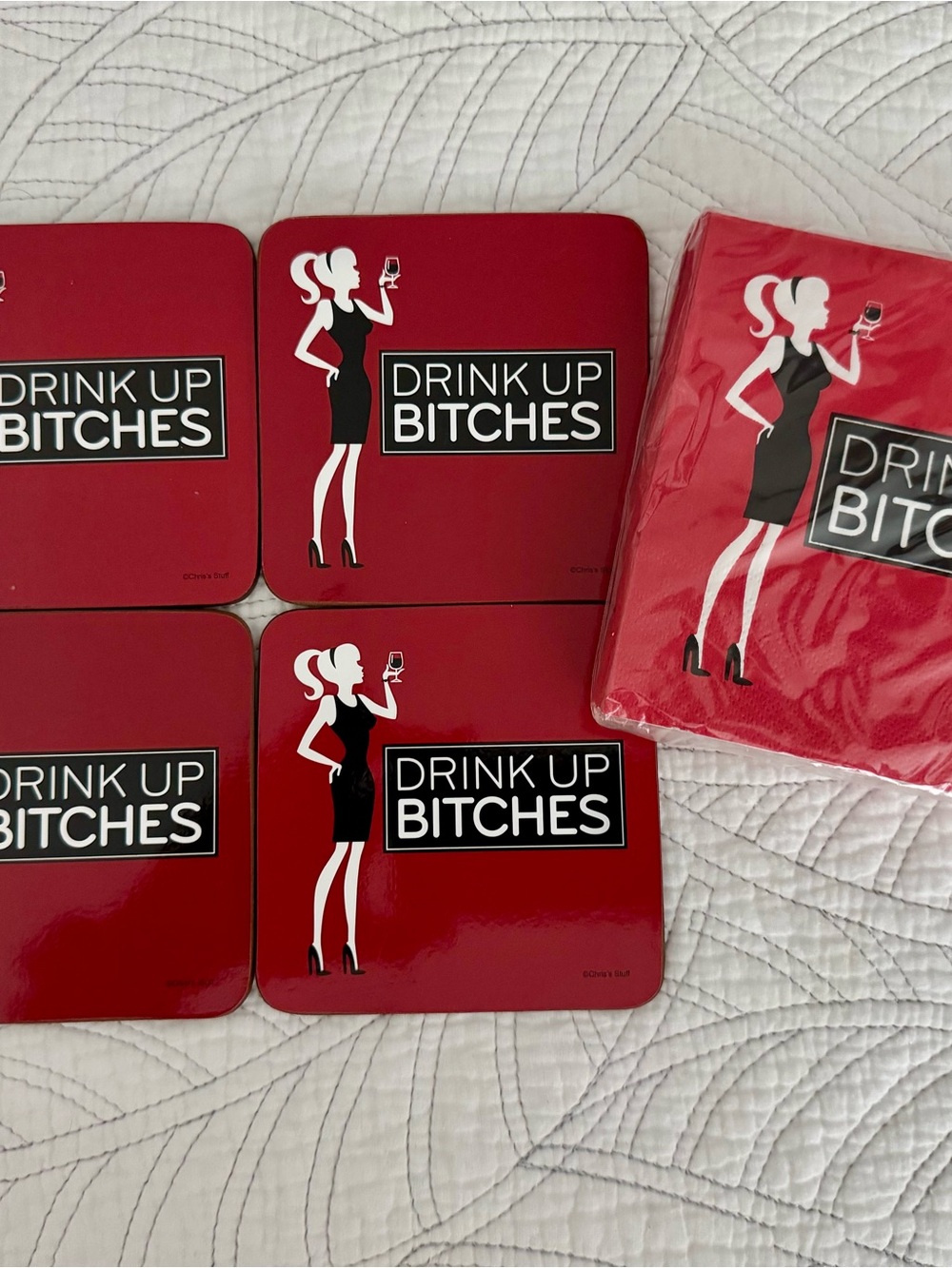 Red 'Drink Up Bitches' Party Coaster & Napkin Set